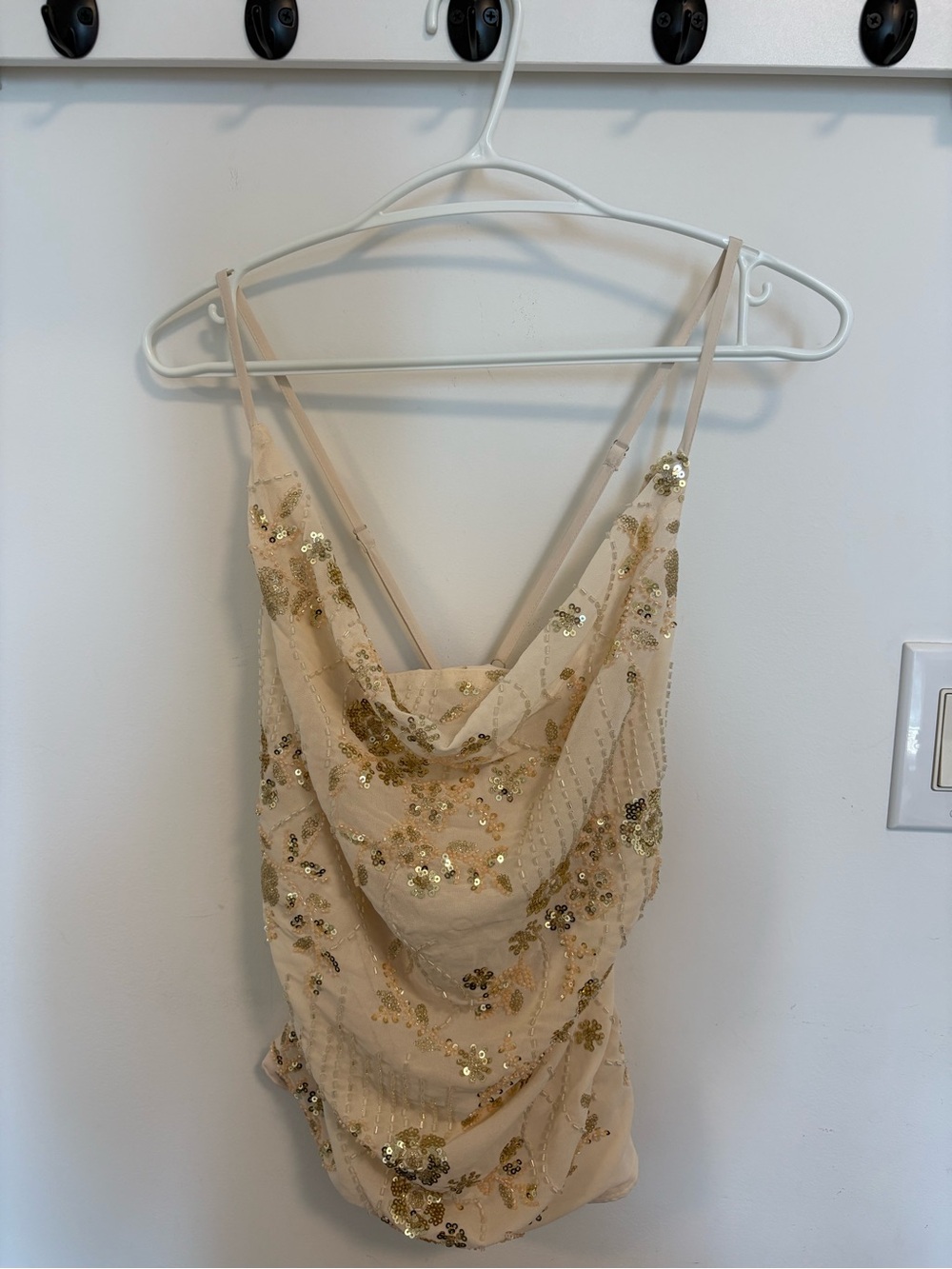 Sequin Embellished Cowl Neck Tank Top in Champagne